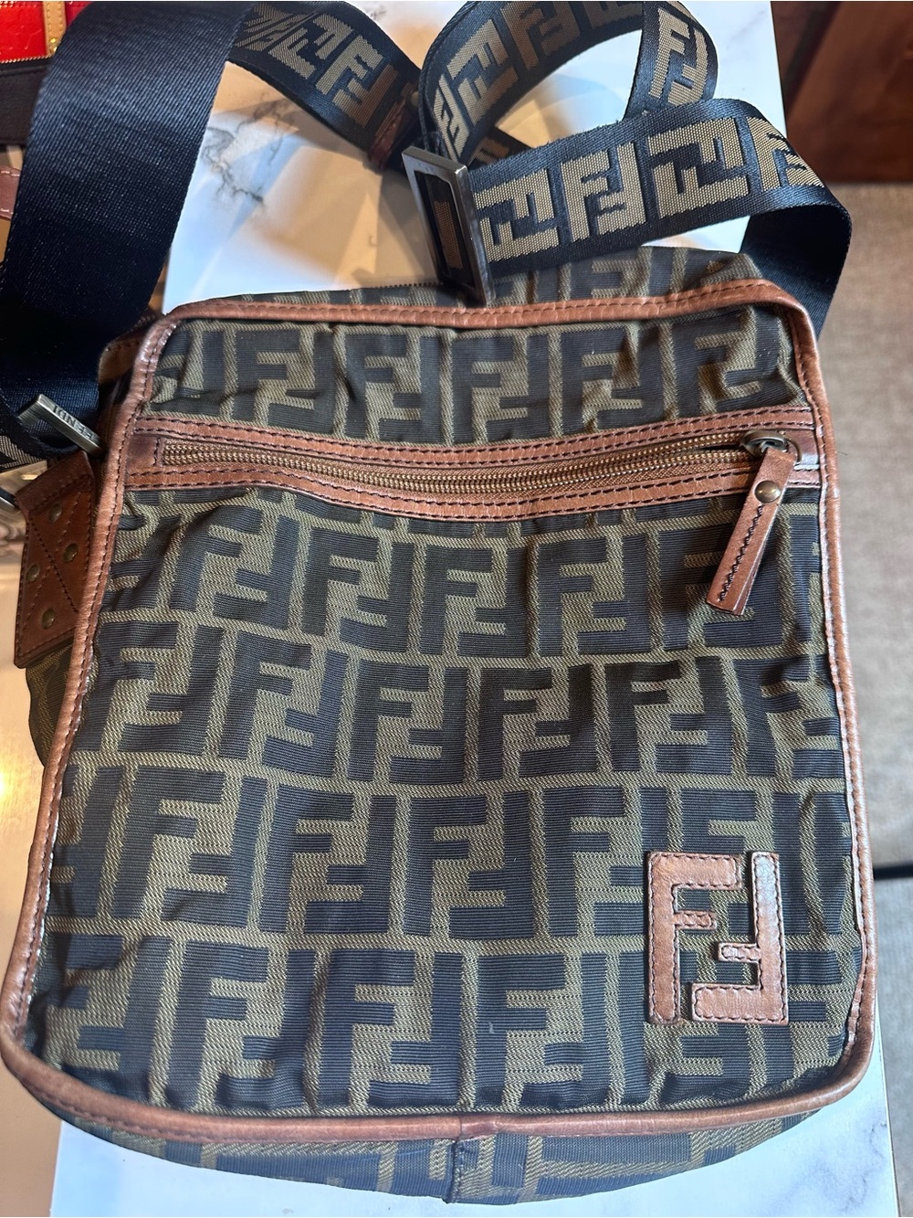 Vintage Fendi Zucca FF Messenger
Crossbody Bag with Logo Strap